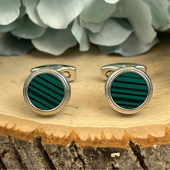 Stunning Green Malachite Round Silver Cufflinks - Picture 6 of 16